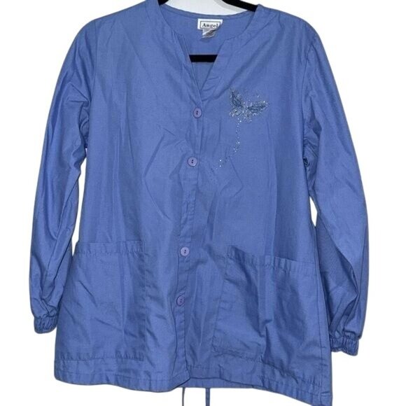 Angel Womens Light Blue Button-Up Scrub Jacket W/ Rhinestone Butterfly Design XS - Picture 1 of 10
